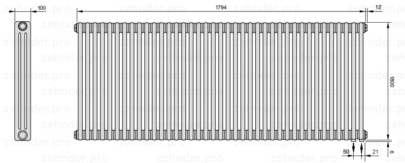 Схема (чертеж) Радиатор Zehnder Charleston 3180/39 №5510 Technoline TL